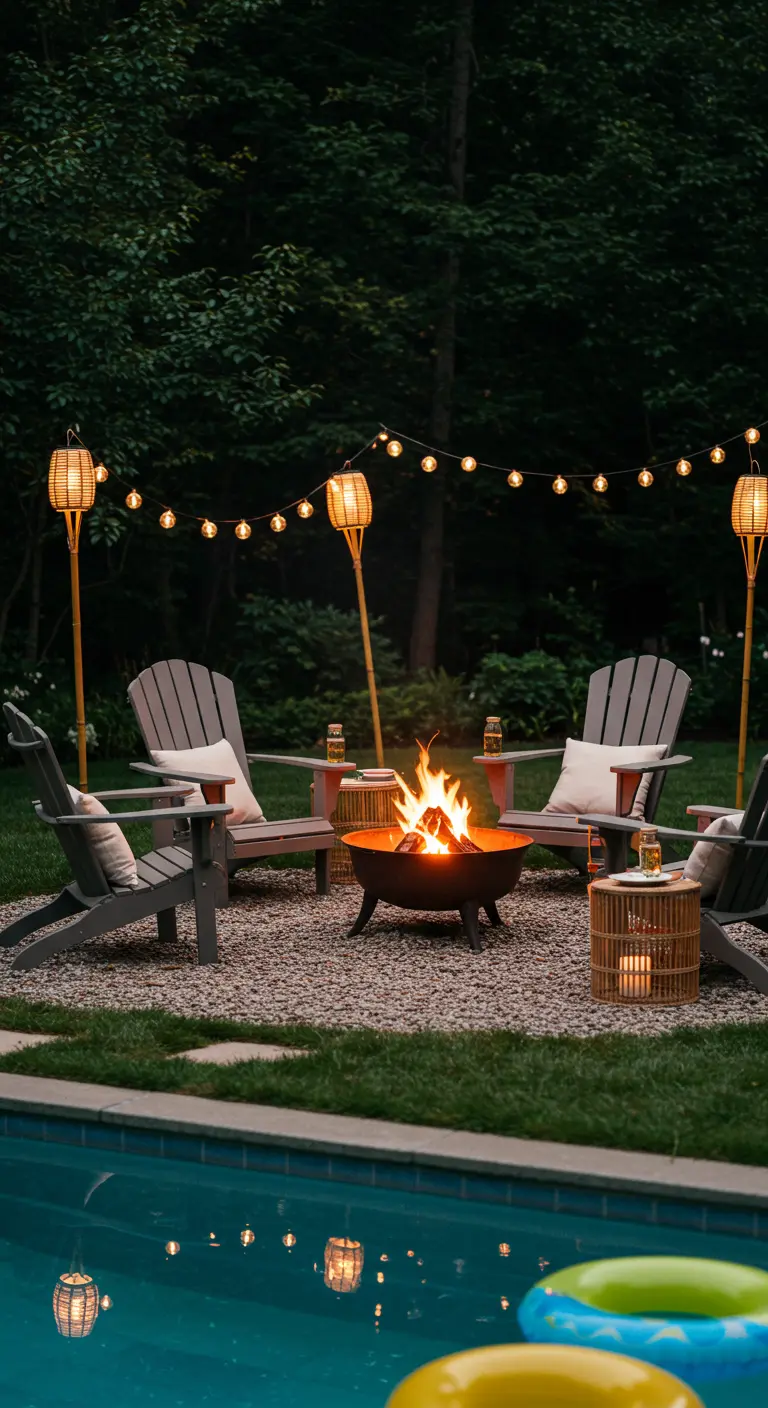Fire pit with Adirondack chairs, string lights, and bamboo tiki-lanterns.