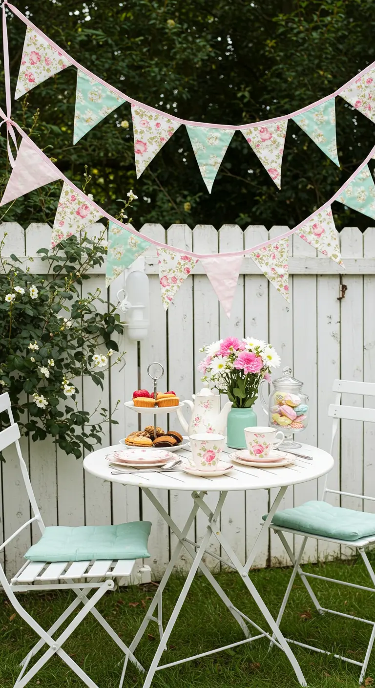Floral and pastel pennant banner hanging above a garden tea party table.