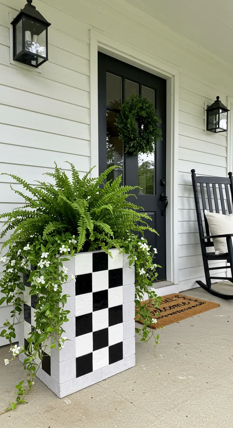 A concrete planter with a black and white checkerboard pattern on a farmhouse porch.