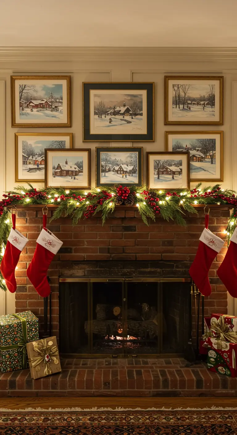 Traditional brick fireplace with a pine garland, stockings, and winter art.