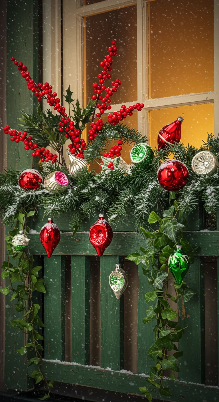 A festive green window box with evergreens, red berries, and glass ornaments in the snow.