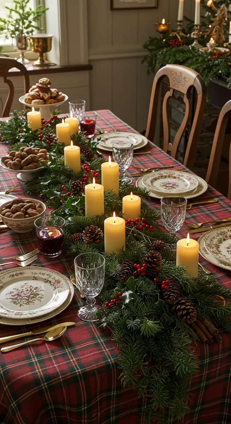Traditional Christmas table with red plaid tablecloth, evergreen garland, pillar candles, and pinecones.