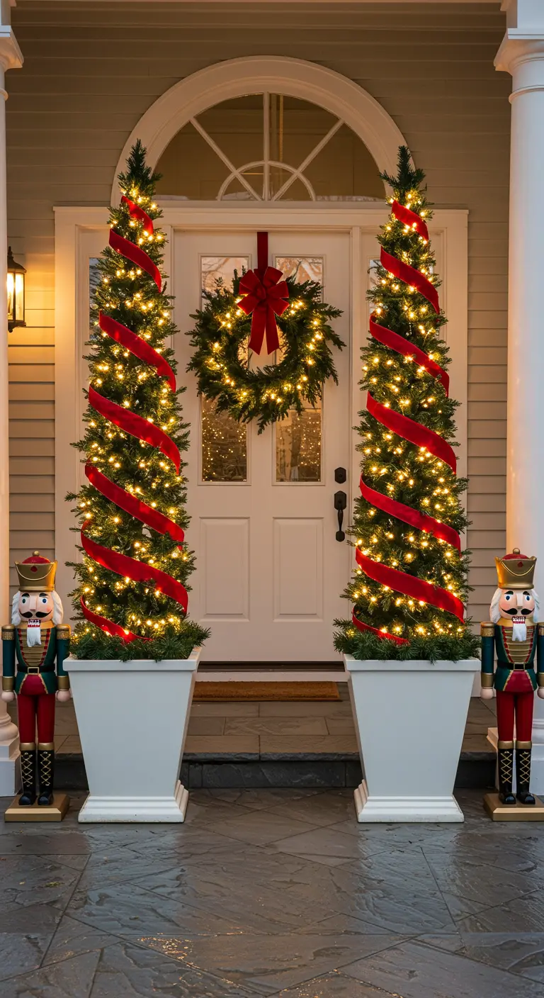 Front door flanked by lit topiaries wrapped in red ribbon and two large nutcracker figures.