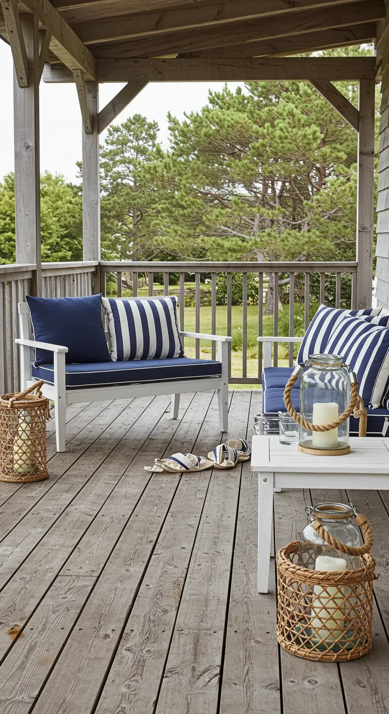 Porch with white wooden benches, navy and white striped cushions, and wicker lanterns.