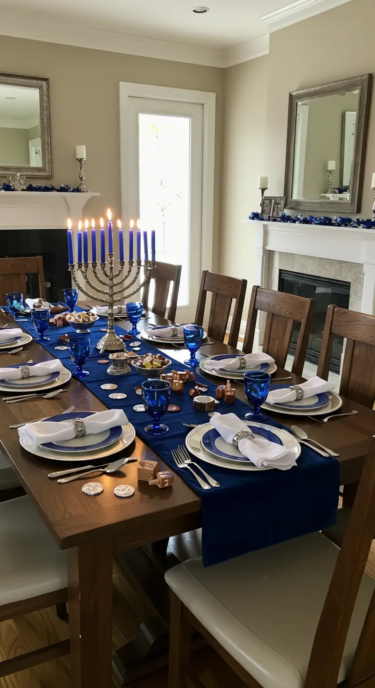 A Hanukkah tablescape with a blue runner, silver menorah, and scattered dreidels and gelt.