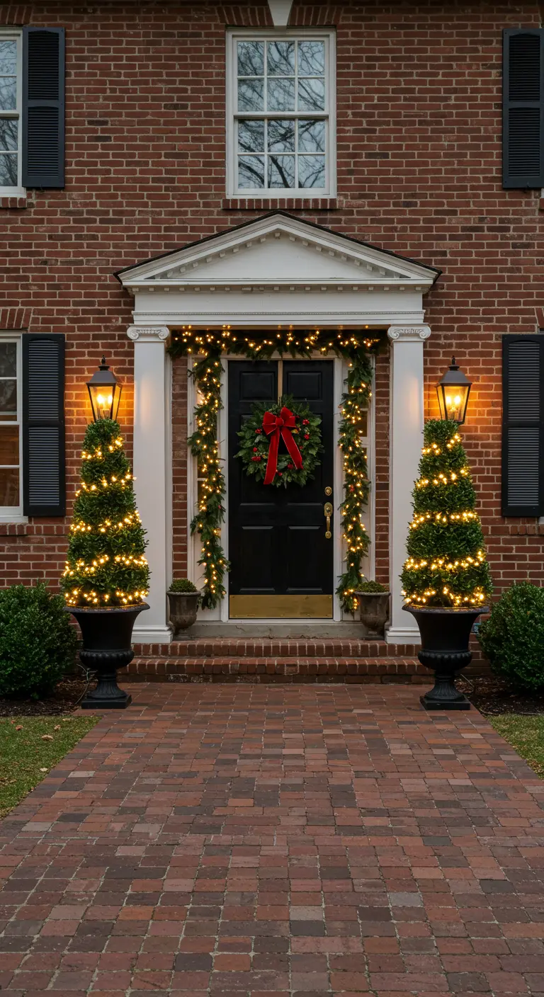 A grand brick house with a black door, flanked by two lit spiral topiaries in black urns.