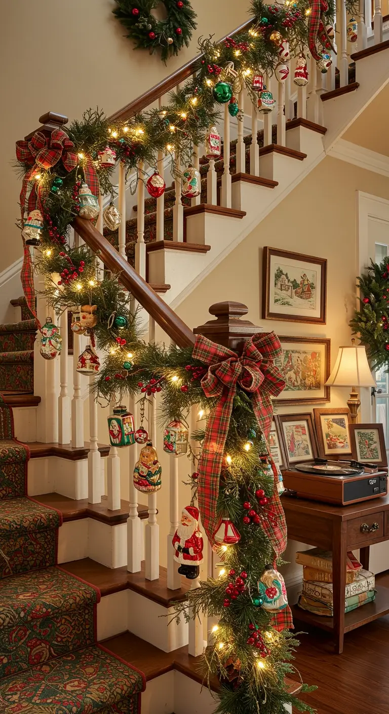 Traditional staircase with green garland, plaid ribbon, and various character ornaments.