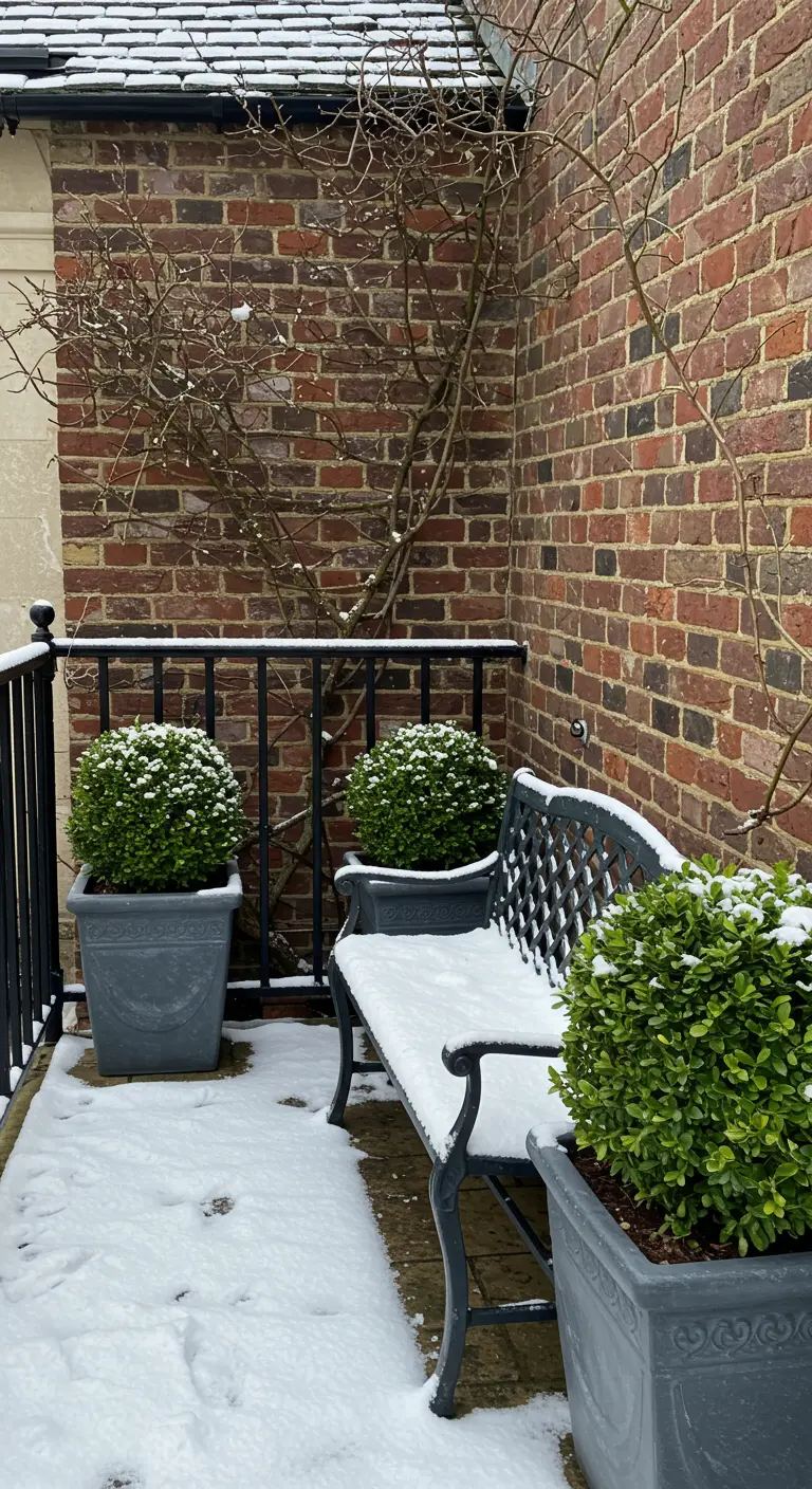 A classic black cast-iron bench flanked by gray planters with boxwood spheres.