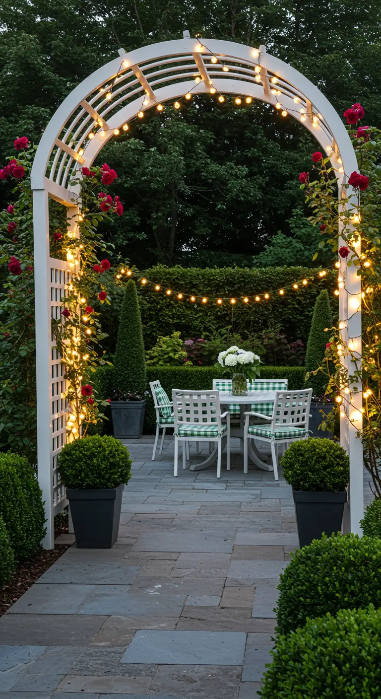 White wooden arch with red climbing roses and string lights over a formal patio dining area.