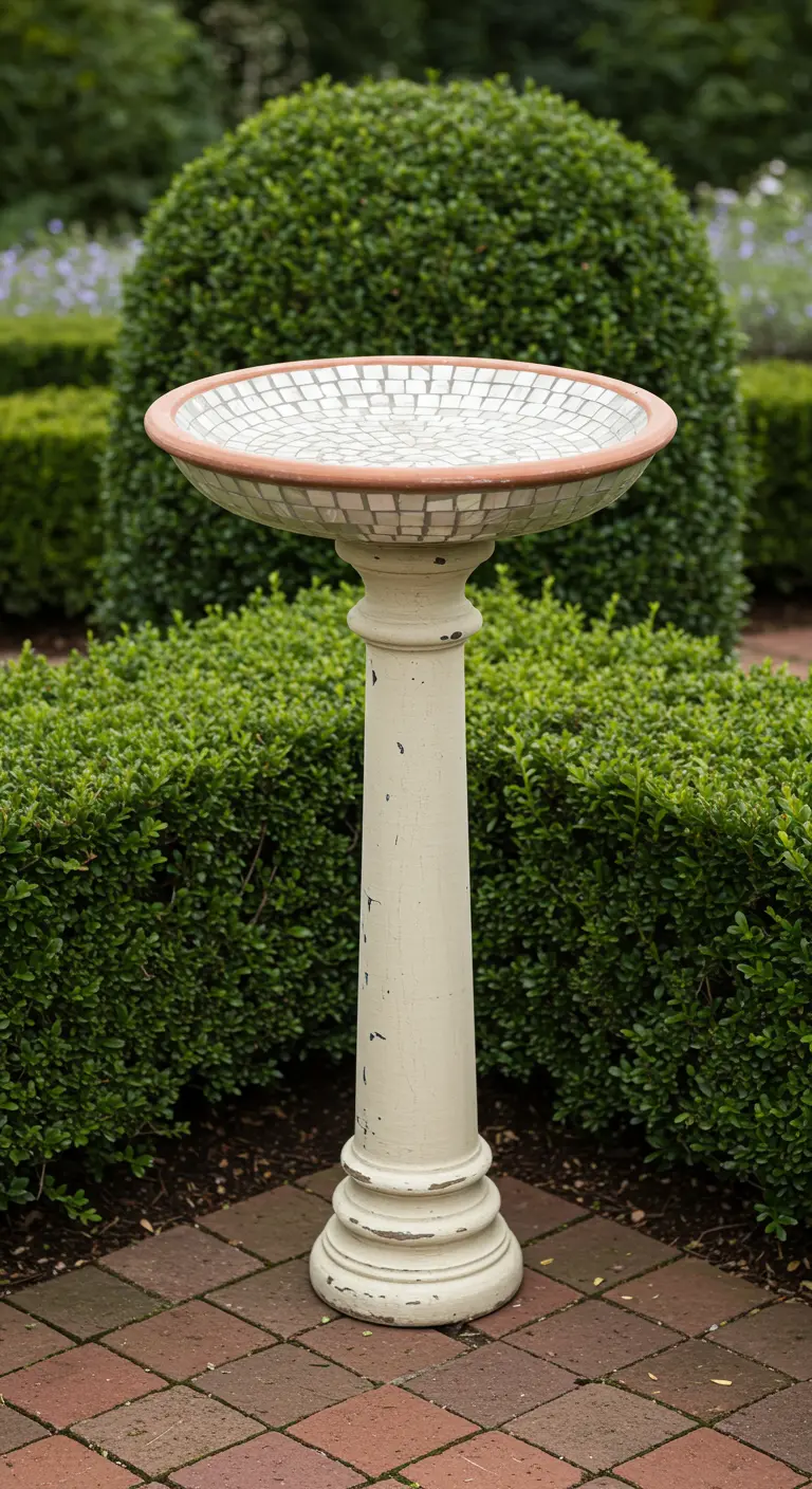 A white mosaic tile birdbath on a classic white distressed pedestal in a formal garden.