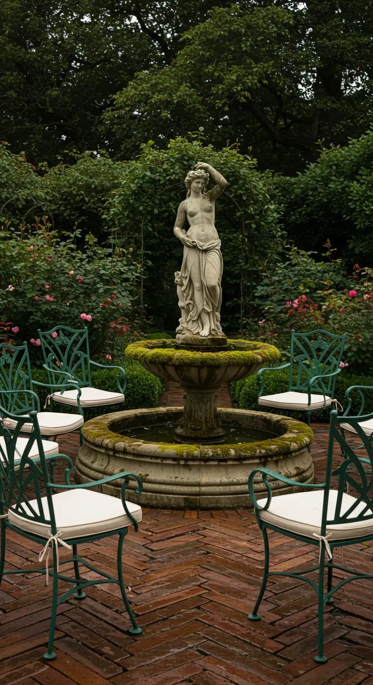 Fountain with a classical female statue on a herringbone brick patio.