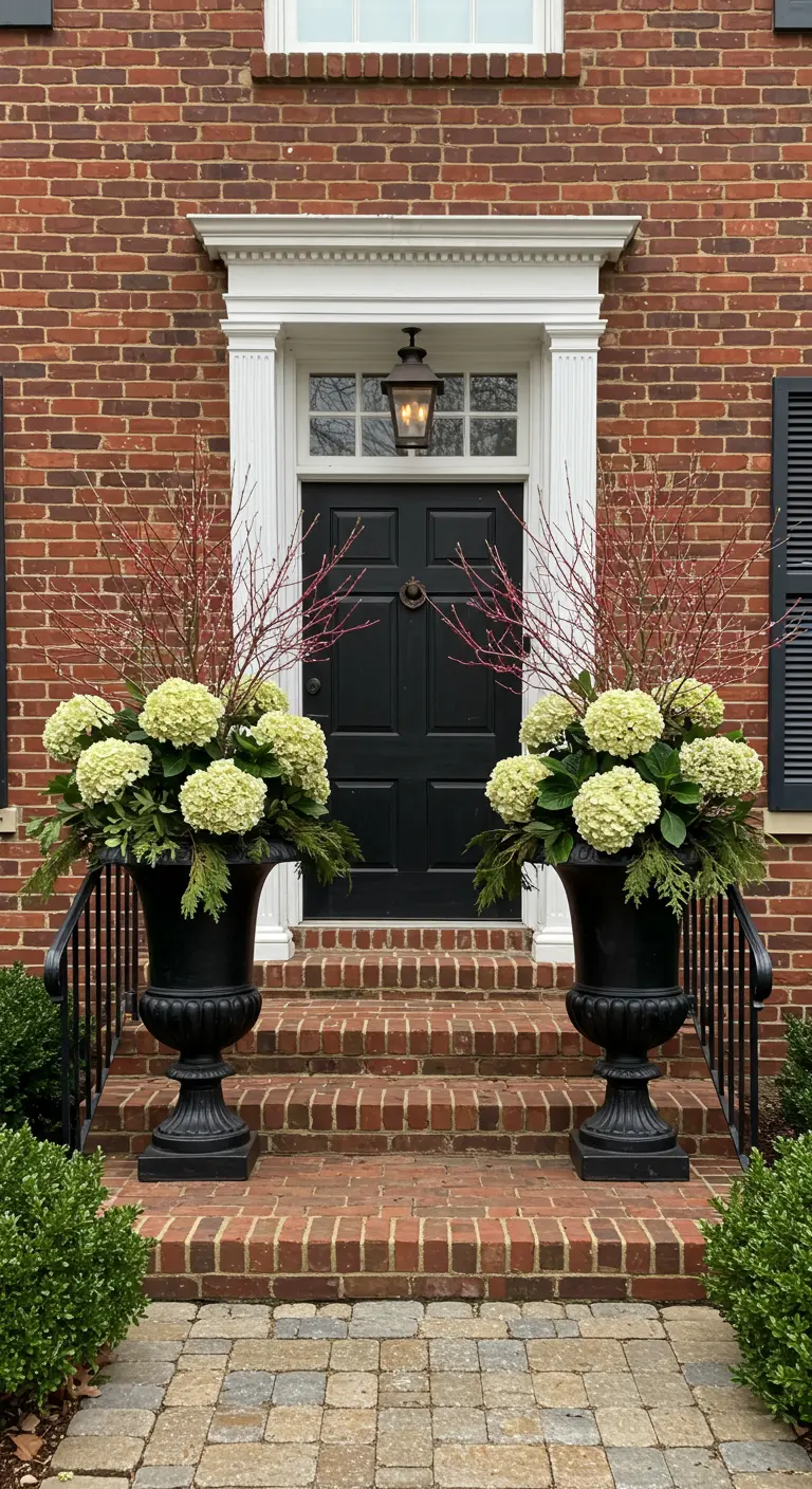 Black urns with pale green hydrangeas and red twig dogwood on brick steps.