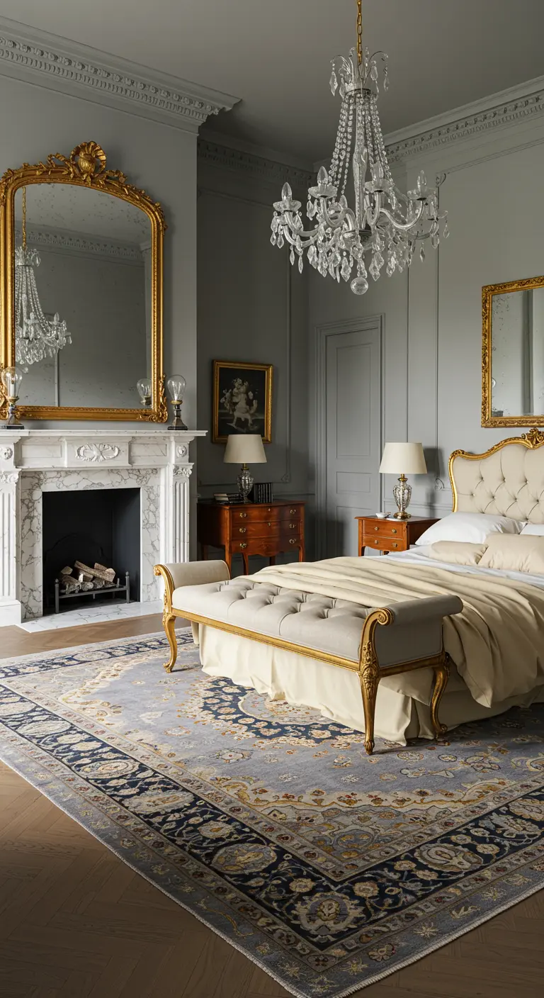 A classic bedroom with a marble fireplace, ornate gold mirror, crystal chandelier, and a blue traditional rug.