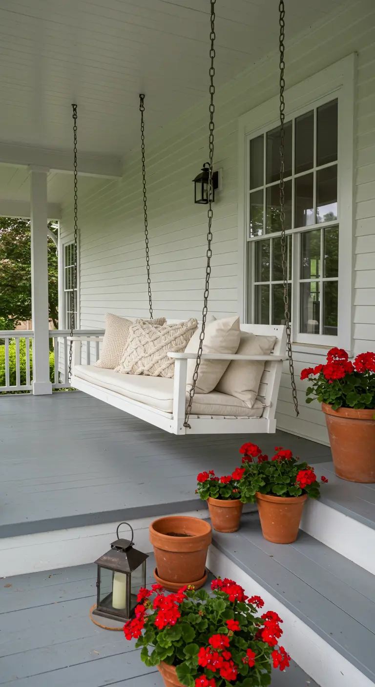 White painted porch swing with macramé pillows and red geraniums in pots.