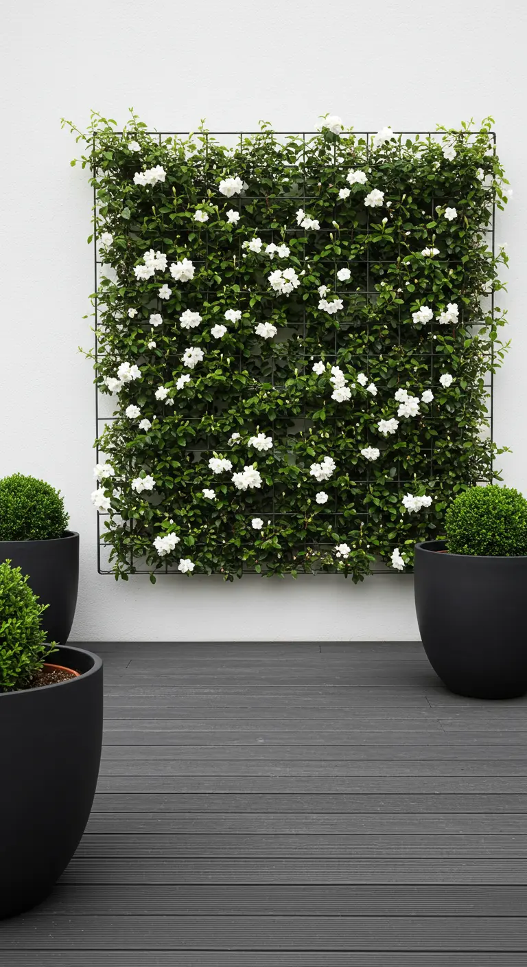 A dark deck with black planters holding boxwood spheres and a jasmine-covered trellis.