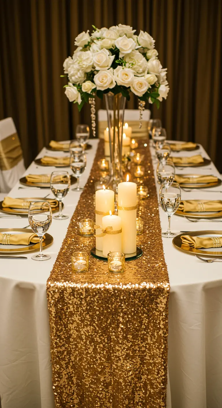 Elegant table with a gold sequin runner, white pillar candles, and a tall vase of white roses.