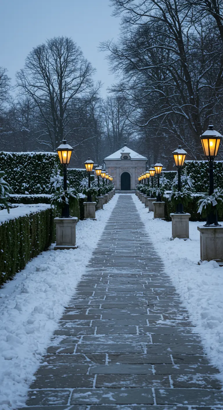 Formal garden path lined with lampposts and snow-dusted hedges.
