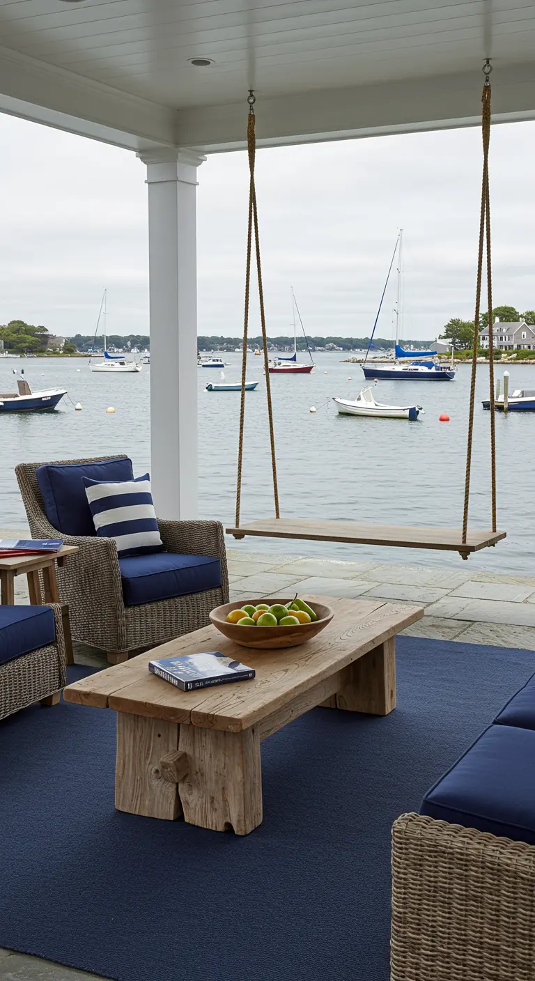 Patio overlooking a harbor, with wicker armchairs, a driftwood table, and a rope swing.