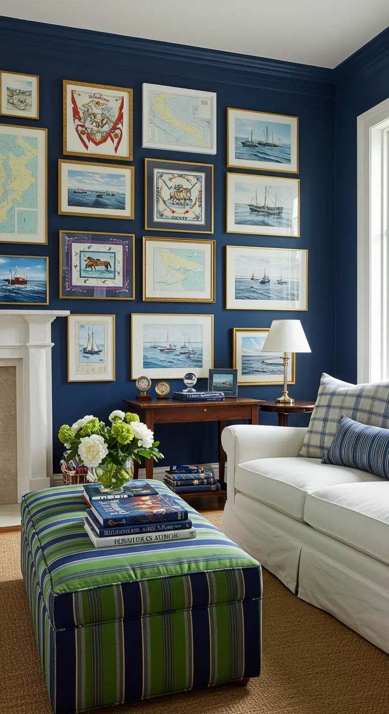 Nautical-themed living room with navy walls and a gallery of framed maps and boat paintings.