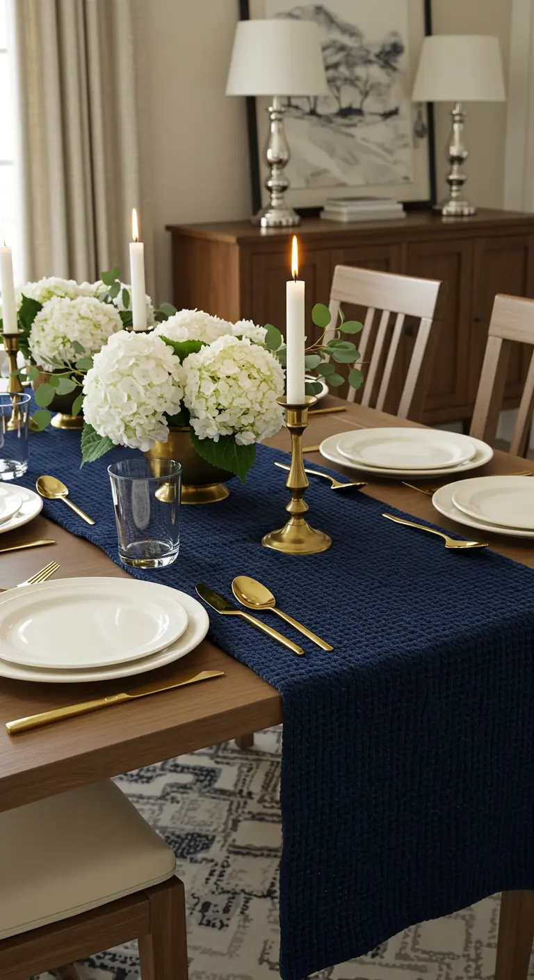 Elegant dining table with a navy blue knit runner, white hydrangeas, and gold accents.