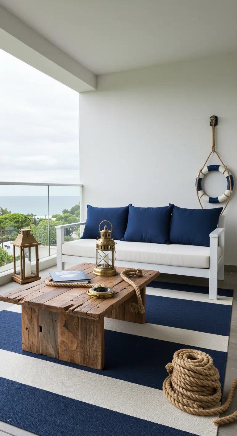 A nautical-themed balcony with a white sofa, navy cushions, and a reclaimed wood coffee table.
