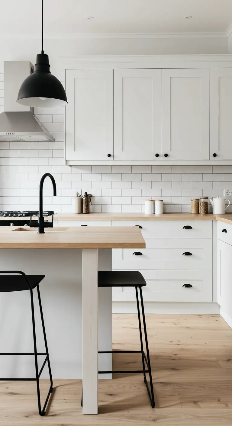 White kitchen with subway tiles, wood countertops, and matte black hardware.