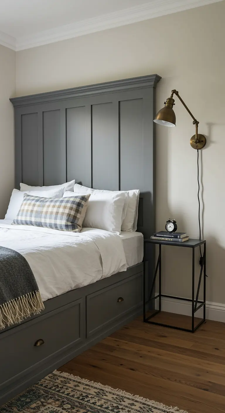 Bedroom with a gray paneled headboard wall, under-bed drawers, and a brass sconce.