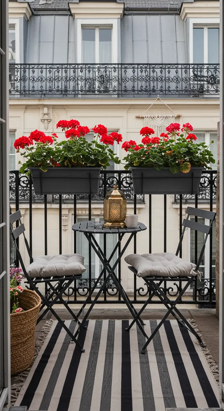 A Parisian-style balcony with a black bistro set, striped rug, and red geraniums.