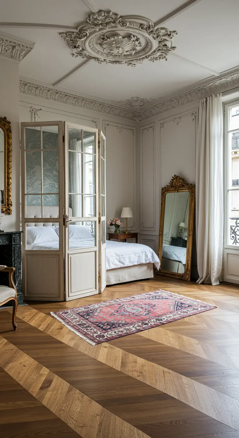 Parisian apartment with a large, hinged folding screen separating the bed from the living space.