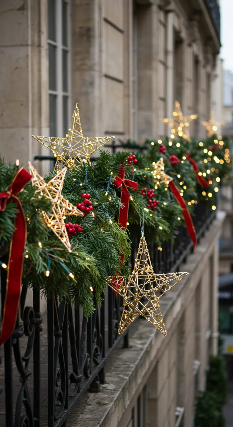 A Parisian balcony with lush evergreen garlands, red ribbons, berries, and large, lit-up gold stars.