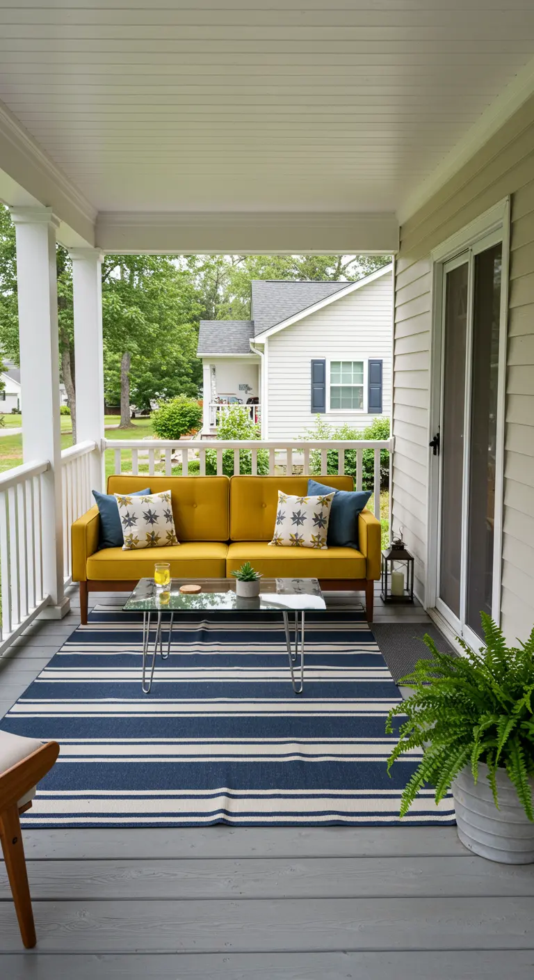 A mustard sofa on a covered porch with a blue and white striped rug and a large fern.