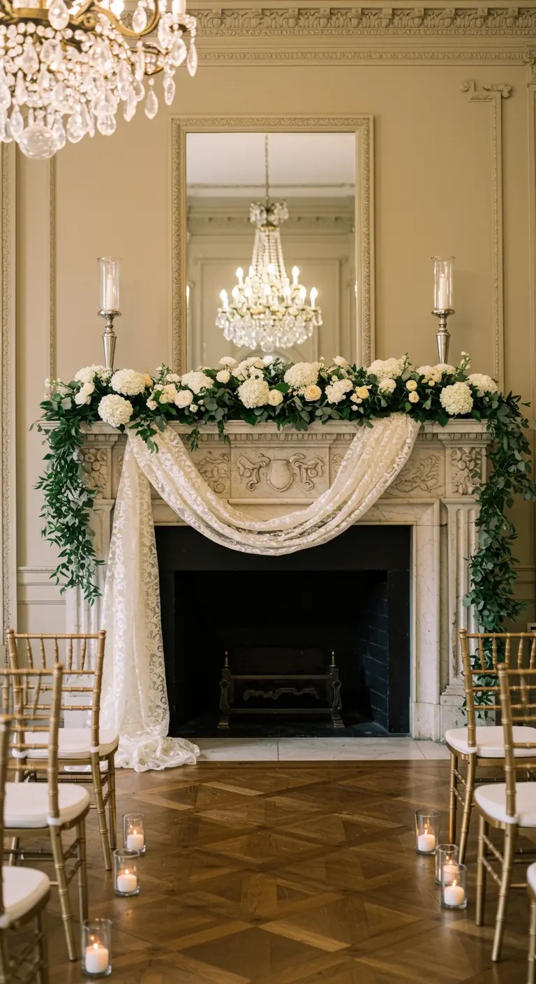 Elegant mantel with white flowers, greenery, and a draped lace runner.