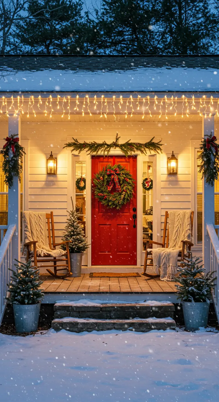 Classic farmhouse porch with red door, icicle lights, wreaths, and rocking chairs in the snow.