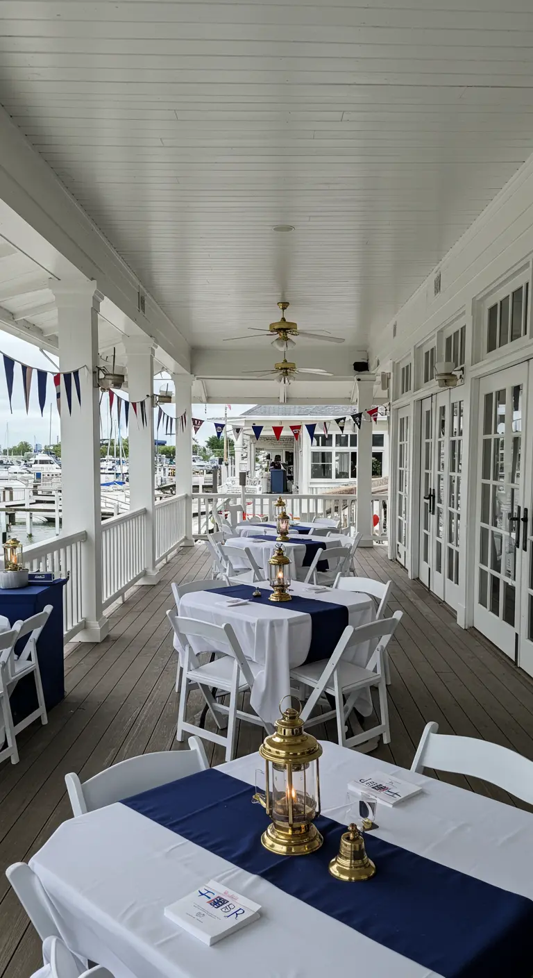 Porch tables set with white cloths, navy runners, and brass lantern centerpieces.