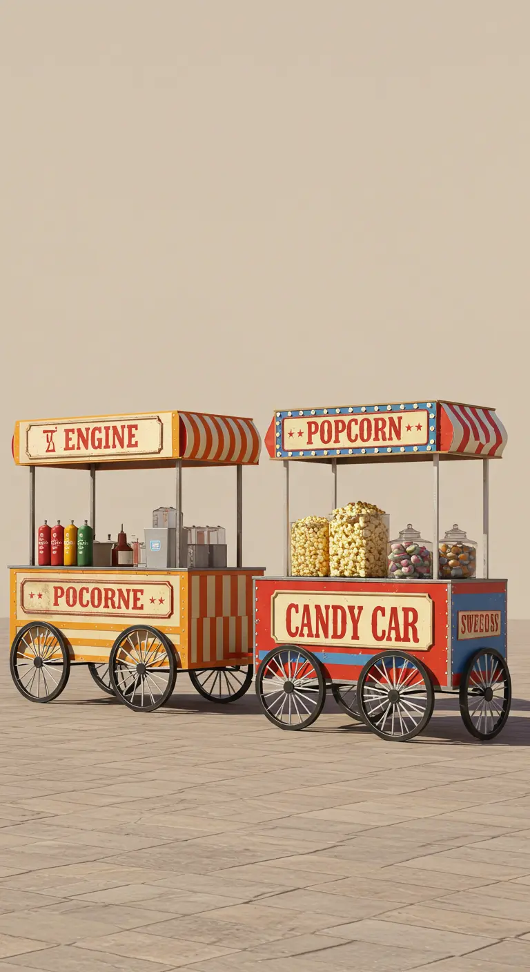 Two minimalist vintage-style food carts for popcorn and candy.