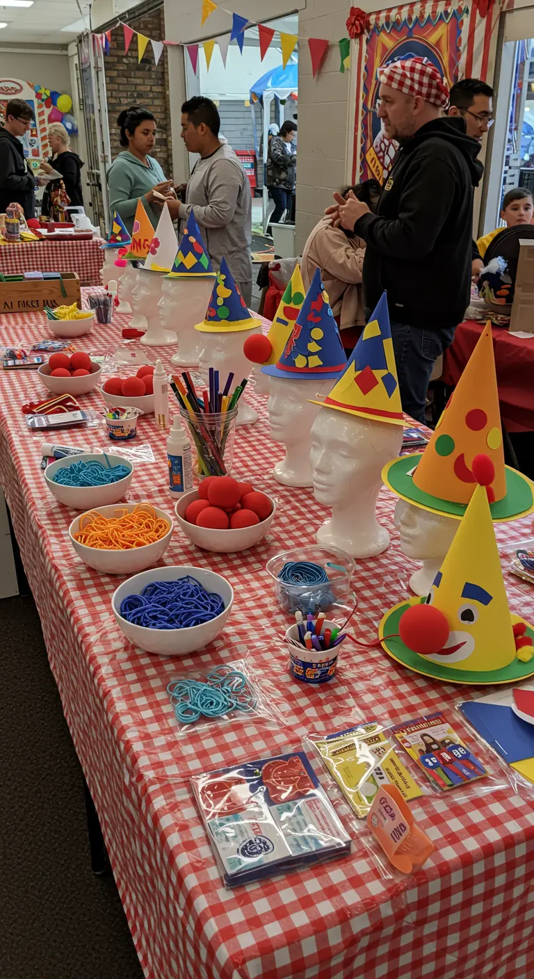 A craft table with supplies for decorating party hats, displayed on styrofoam heads.