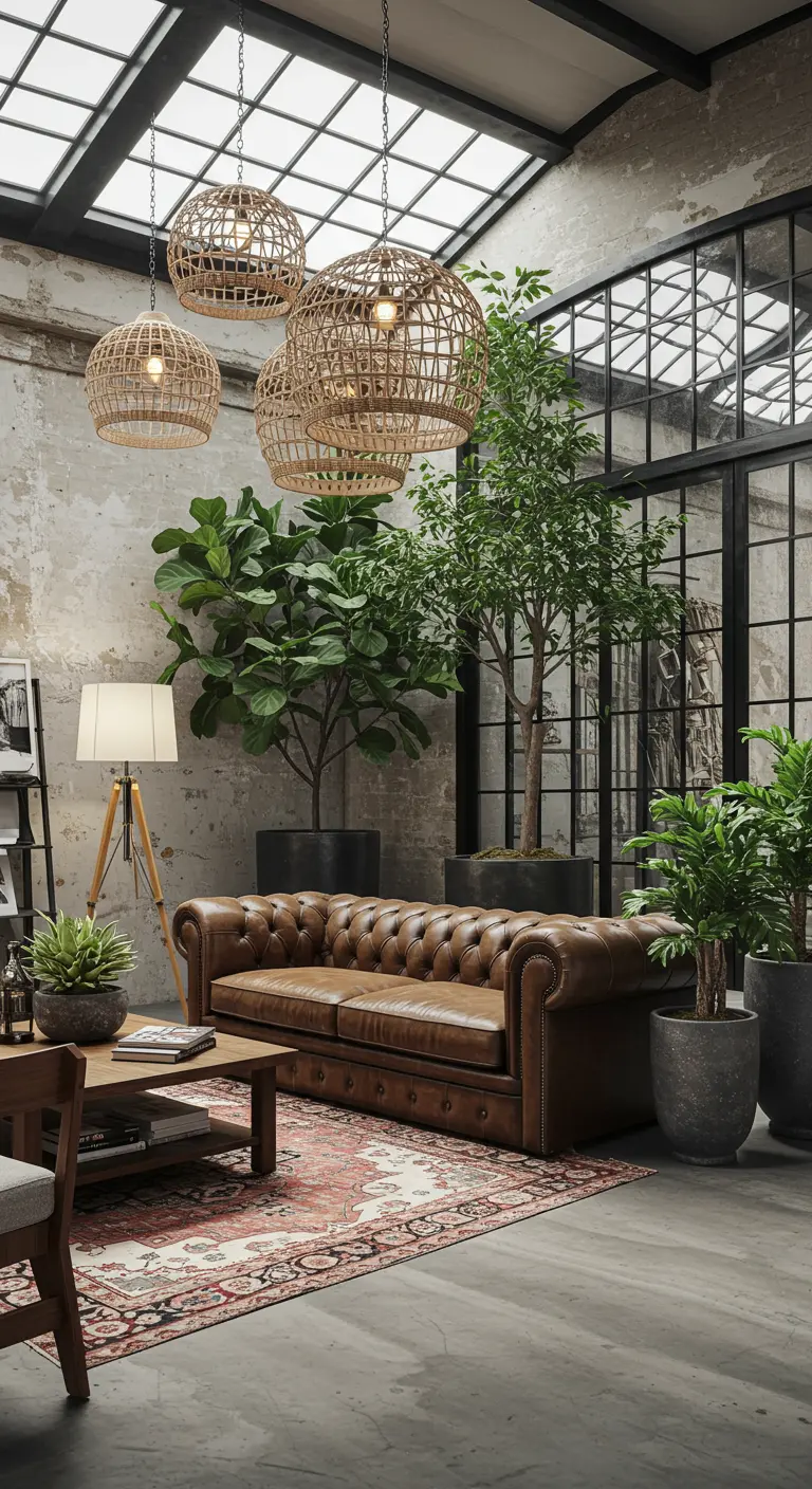 An industrial loft with a leather chesterfield sofa and a cluster of wicker pendant lights.