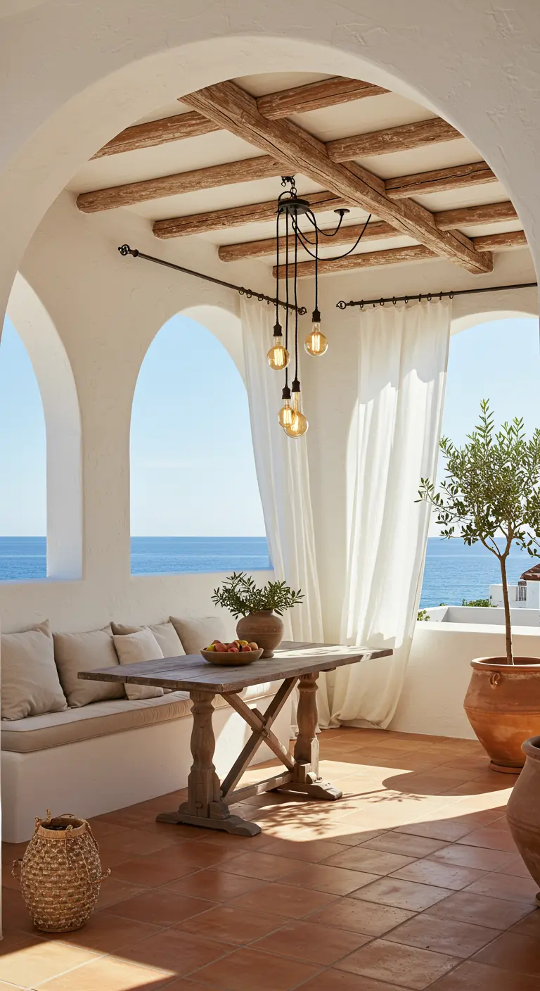 Mediterranean-style arched terrace with a cluster of Edison bulbs hanging over a wooden table.