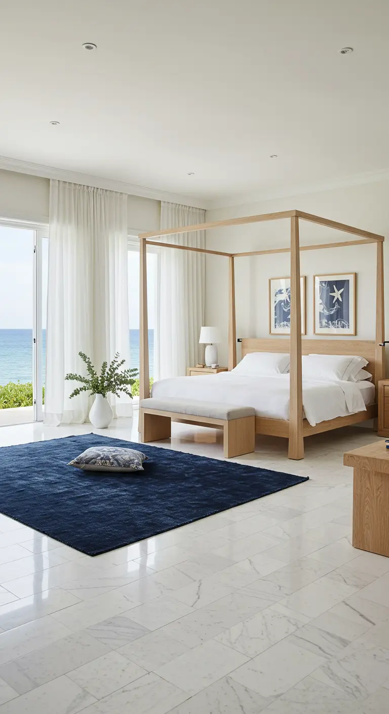 An airy coastal bedroom with a white marble floor, a light wood canopy bed, and a navy blue rug.