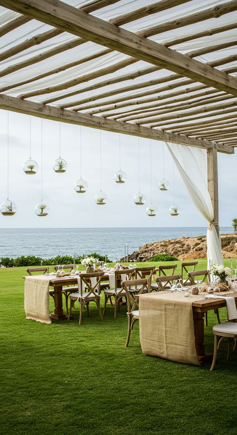 Glass orbs with air plants hanging from a pergola over tables on a lawn by the sea.