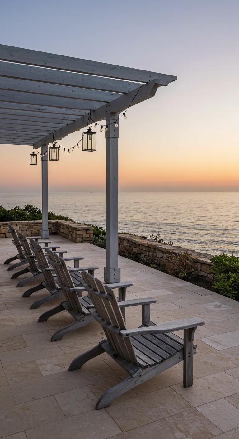 Row of weathered Adirondack chairs on a patio under a white pergola overlooking the ocean.
