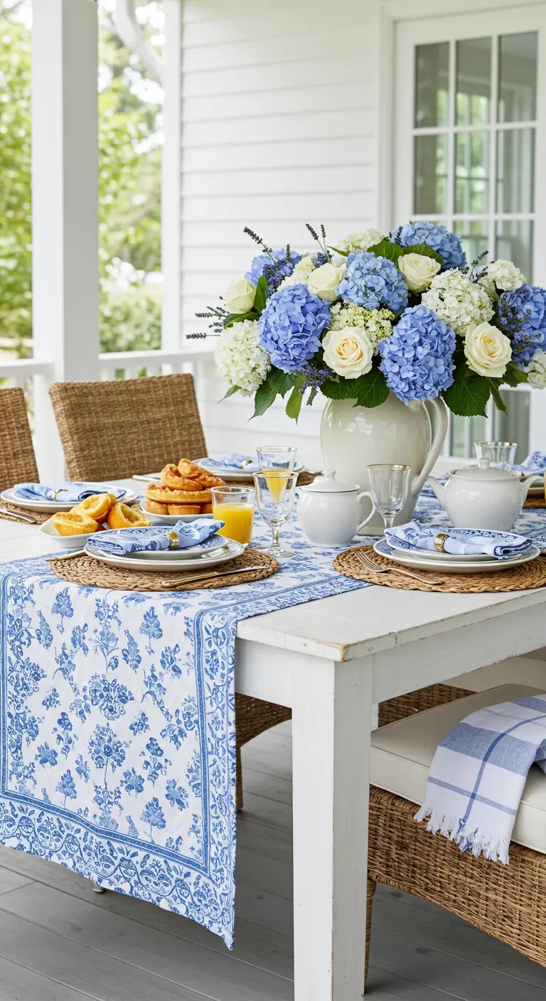 A porch tablescape with a large pitcher of blue and white hydrangeas and matching blue decor.