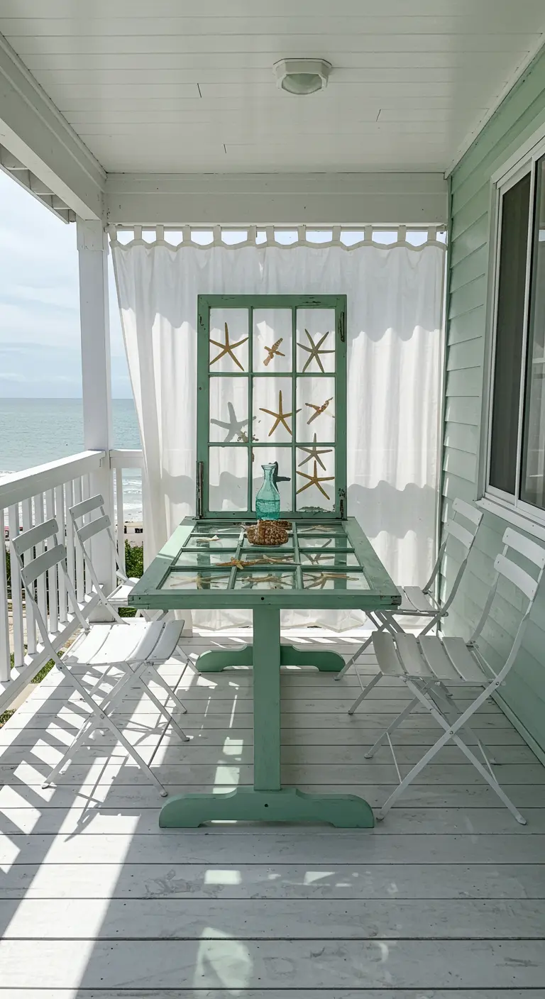A seafoam green window frame with starfish stands behind a matching table on a whitewashed coastal porch.