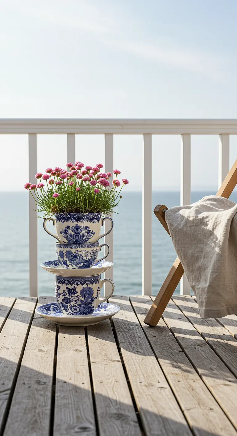 Blue and white teacup stack with pink flowers on a wooden deck overlooking the ocean.