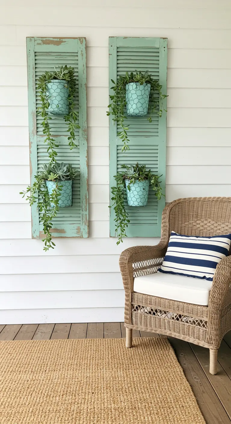 Two aqua-painted shutters with trailing succulents next to a wicker chair.