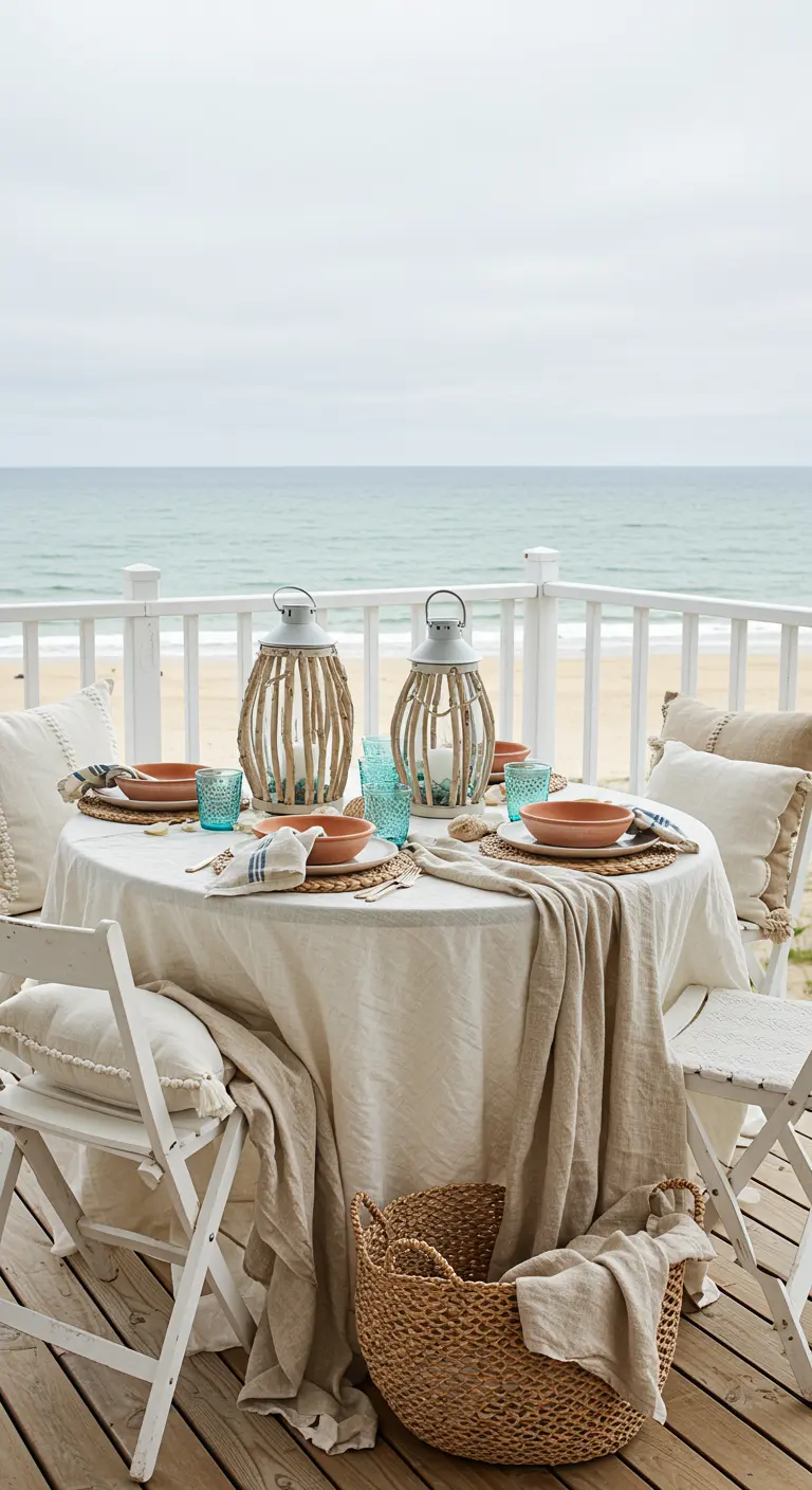 Coastal balcony table with driftwood lanterns and aqua glasses overlooking the ocean.