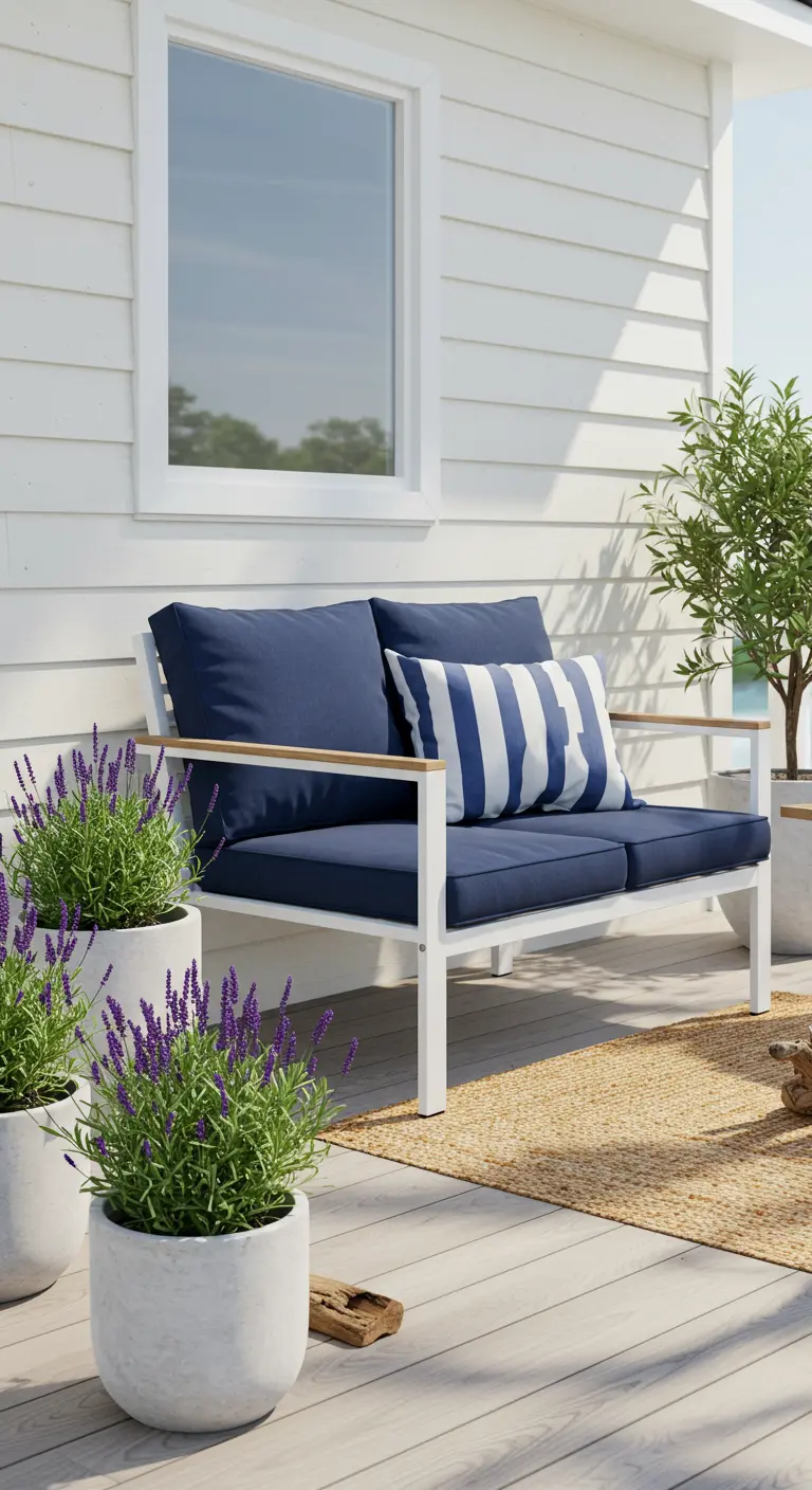 A white-framed loveseat with navy cushions, striped pillow, and lavender pots on a wooden deck.