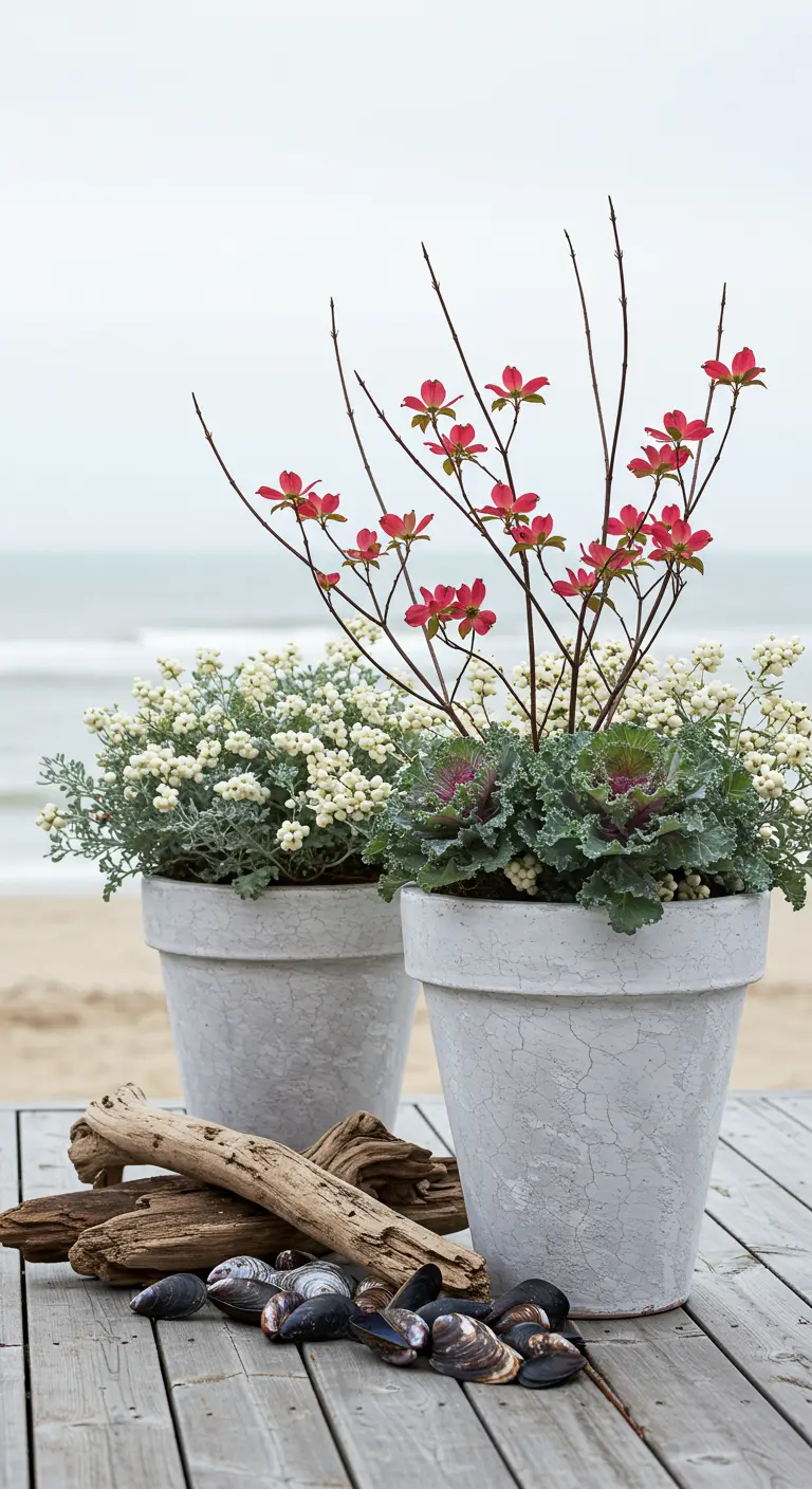Light grey pots on a beach deck with pink-flowering branches and white plants.