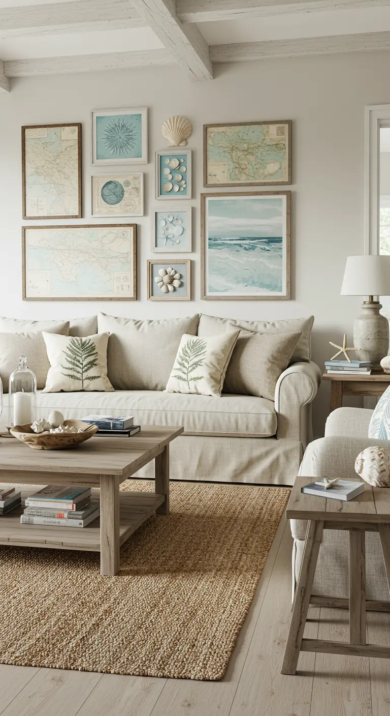 Coastal living room with a neutral sofa, wooden coffee table, and a gallery wall of maps and marine-themed art.