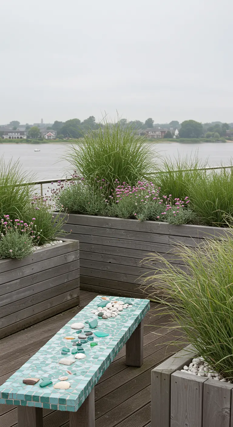 Bench with a sea glass and pebble mosaic, surrounded by coastal grasses.